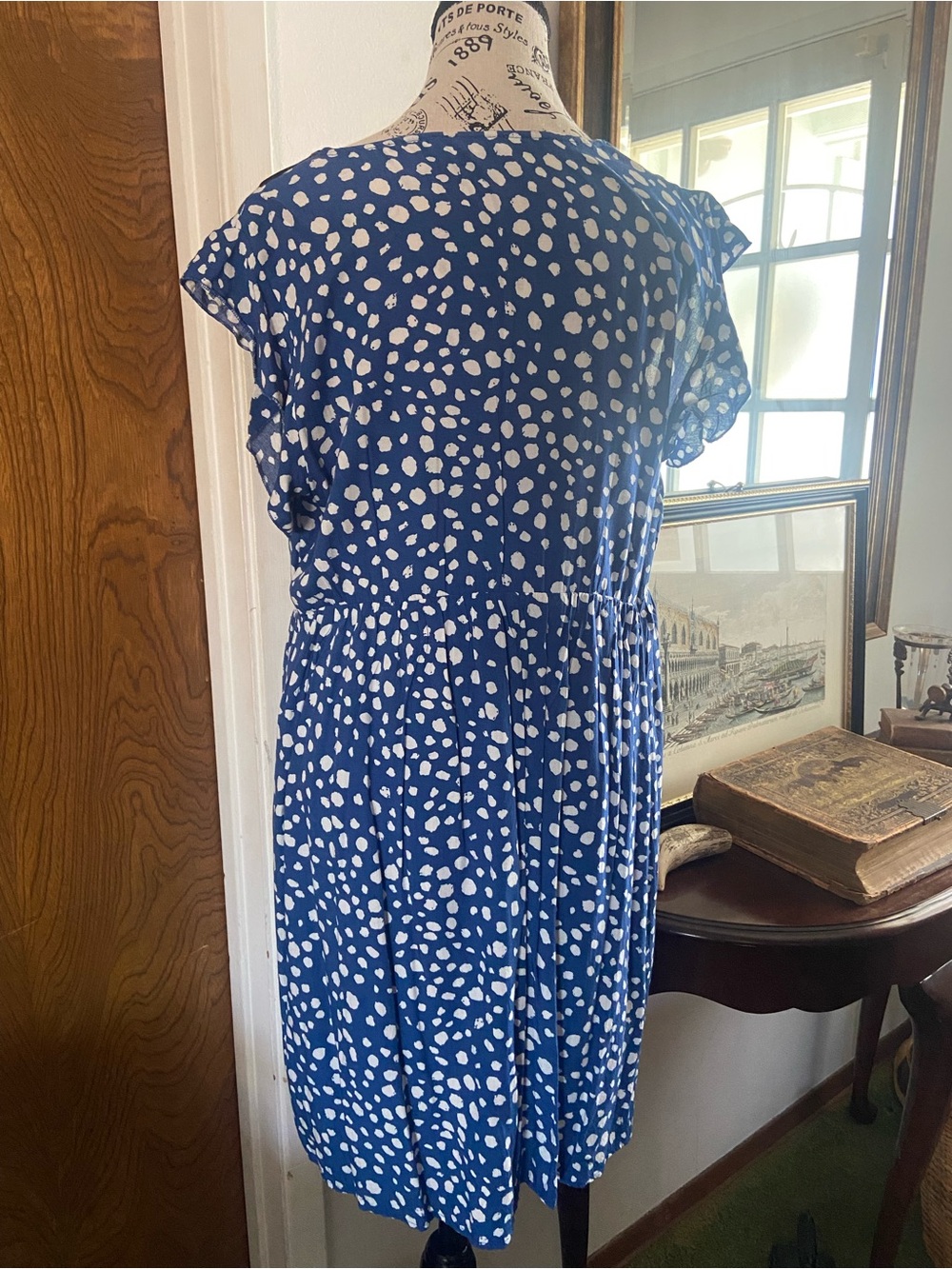 Blue Polka Dot Floral Appliqué Women's Dress - Picture 2 of 5